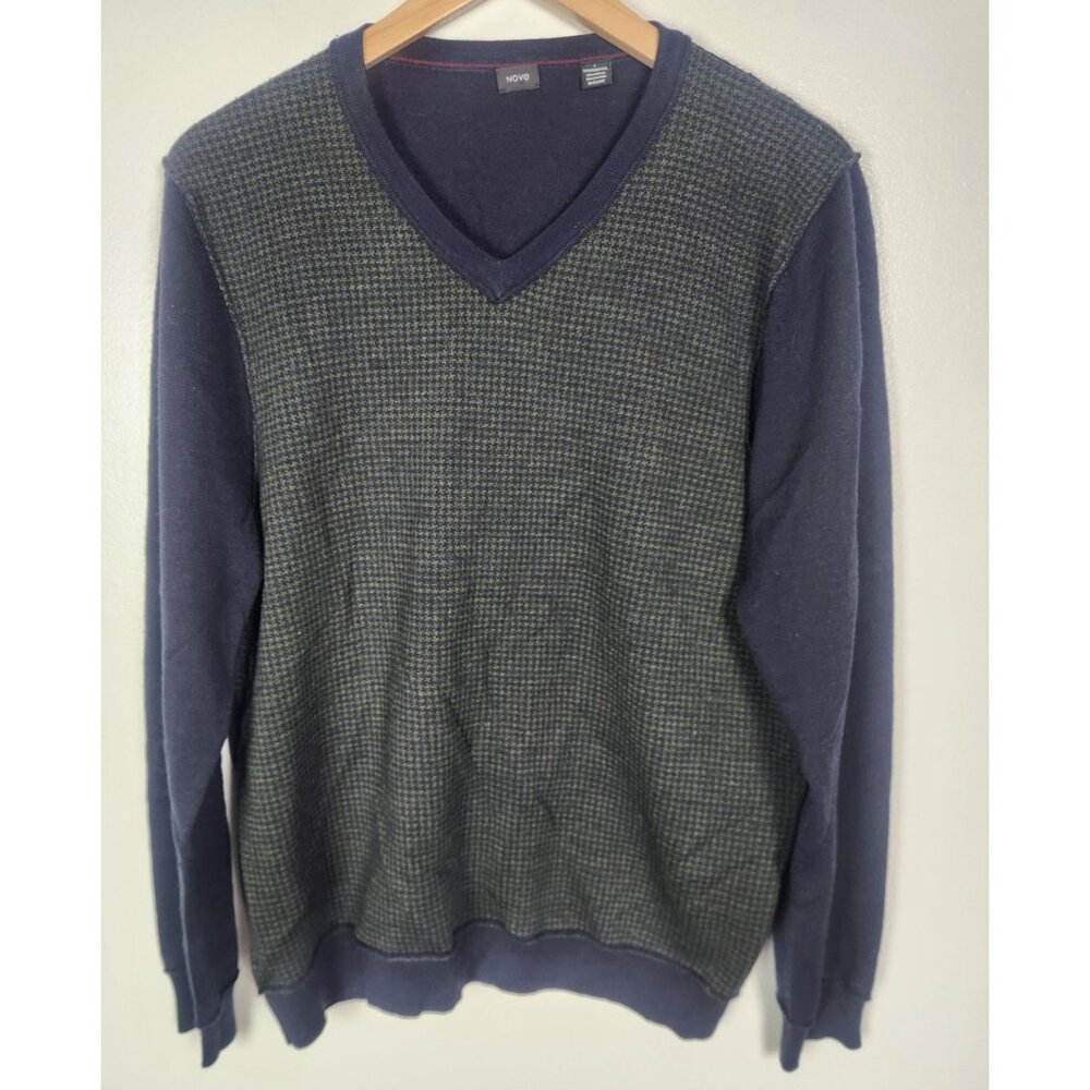 Nove Men's Sz. L Green & Navy Check Merino Wool Sweater